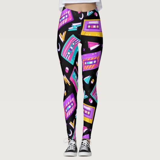Neon & Black Trendy 80's Cassette Muziek Leggings (Voorkant)