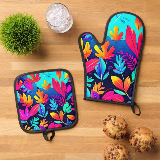 Neon Bladparadijs Kunst Ovenwant & Pannenlap Set (Top down)
