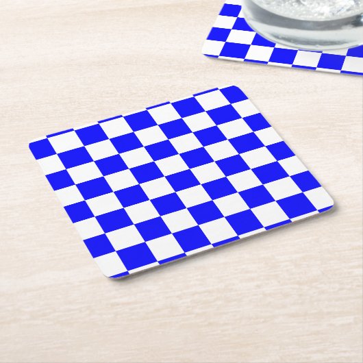 Neon Blauw en Wit Geruite Checkerboard  Kartonnen Onderzetters (Schuin)