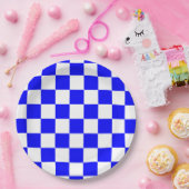 Neon Blauw en Wit Geruite Checkerboard  Papieren Bordje (Feest)
