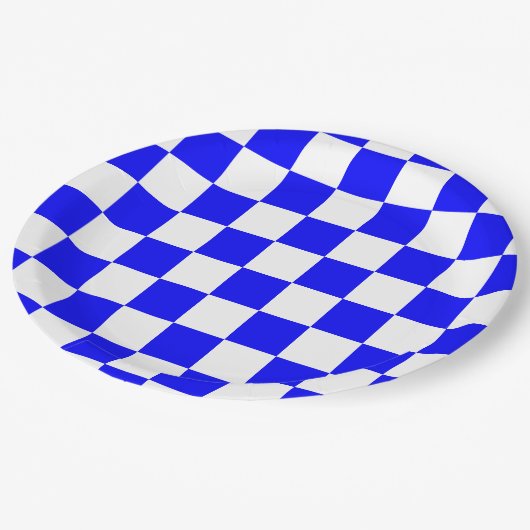 Neon Blauw en Wit Geruite Checkerboard  Papieren Bordje (Gekanteld)