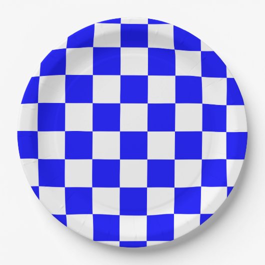 Neon Blauw en Wit Geruite Checkerboard  Papieren Bordje (Voorkant)