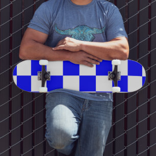 Neon Blauw en Wit Geruite Checkerboard Persoonlijk Skateboard
