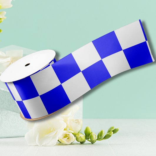 Neon Blauw en Wit Geruite Checkerboard  Satijnen Lint