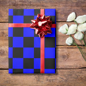 Neon Blauw en Zwart Geruite Checkerboard  Cadeaupapier