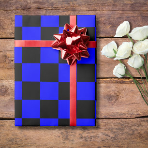 Neon Blauw en Zwart Geruite Checkerboard  Cadeaupapier