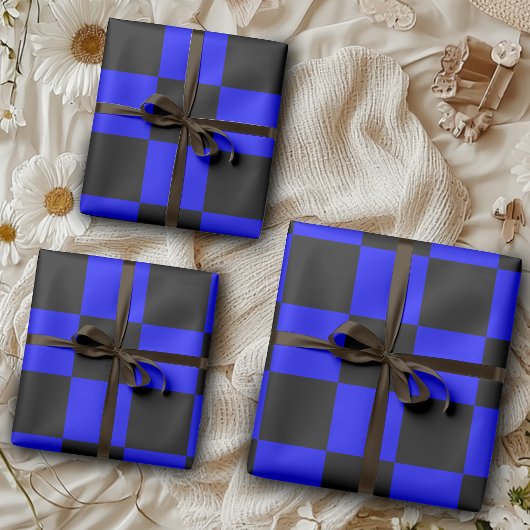 Neon Blauw en Zwart Geruite Checkerboard  Inpakpapier Vel