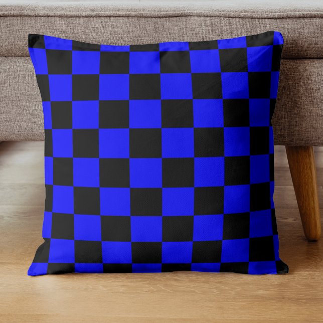 Neon Blauw en Zwart Geruite Checkerboard  Kussen (Creator heeft geüpload)