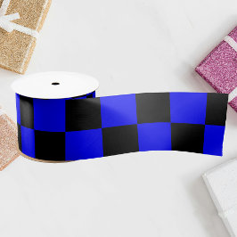 Neon Blauw en Zwart Geruite Checkerboard  Satijnen Lint