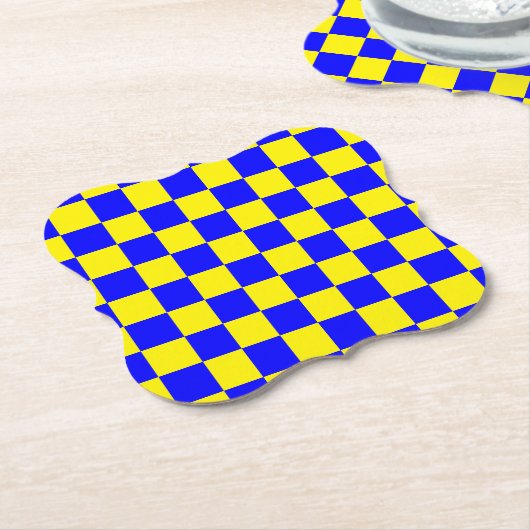 Neon Blauw Geel Geruite Checkerboard Kartonnen Onderzetters (Gekanteld)