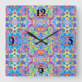 Neon blauw, Limoen, Paarse & Oranje wervelpatroon Vierkante Klok (Voorkant)