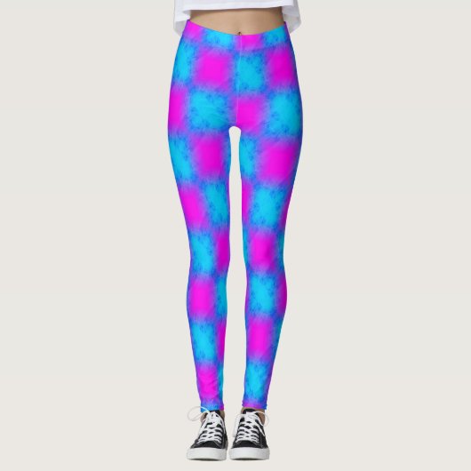 Neon blauw & roze geruit patroon leggings (Voorkant)