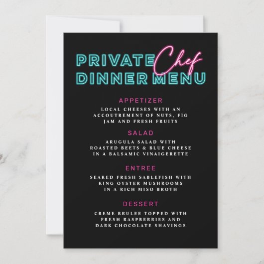 Neon Blauw & Roze Privé Chef Diner Menu Kaart (Voorkant)