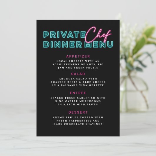 Neon Blauw & Roze Privé Chef Diner Menu Kaart (Staand voorkant)