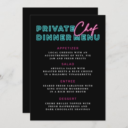Neon Blauw & Roze Privé Chef Diner Menu Kaart (Voorkant / Achterkant)
