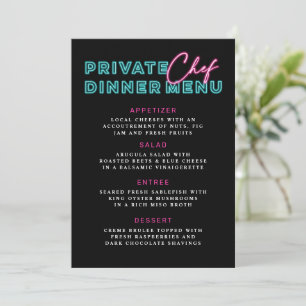 Neon Blauw & Roze Privé Chef Diner Menu Kaart