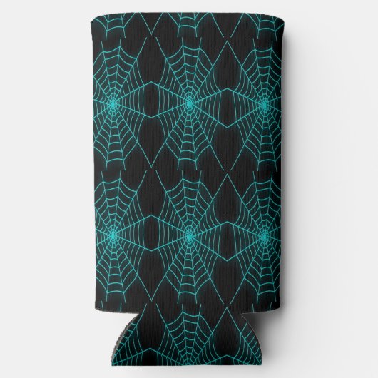 Neon blauw spinnenweb zwart seltzer blikjeskoeler (Achterkant)