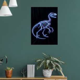 Neon Blauwe Dinosaurus Skelet Kunst Poster   Veloc