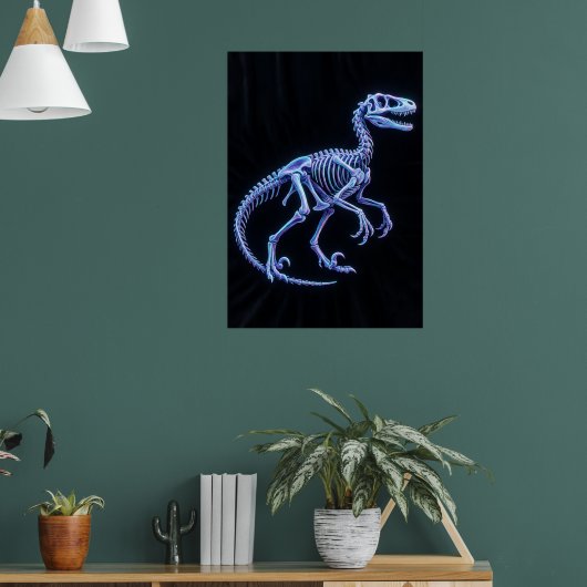 Neon Blauwe Dinosaurus Skelet Kunst Poster | Veloc (Woonkamer 1)