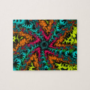 Neon Blauwe en Oranje fractale kunst Legpuzzel