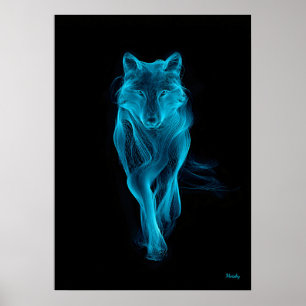 Neon Blauwe Wolf Futuristische Filament Wandkunst Poster