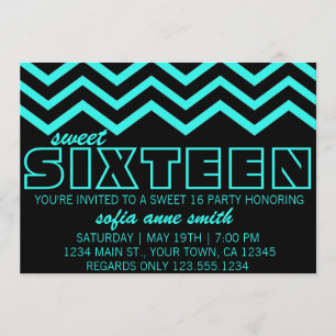 Neon Blauwgroen en Black Chevron Sweet 16 Uitnodig Kaart
