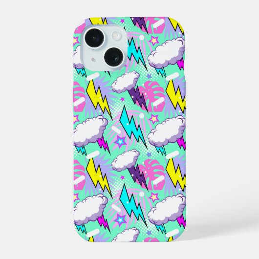Neon bliksemschichten & sterren patroon iPhone 15 case (Achterkant)