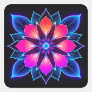 🌸 Neon Bloem Blauw Licht Abstracte Gloeiende Kuns Vierkante Sticker