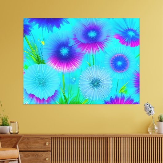 Neon Bloemen Blauw Paars Bloemen Verpakt Canvas (Insitu (Woonkamer))