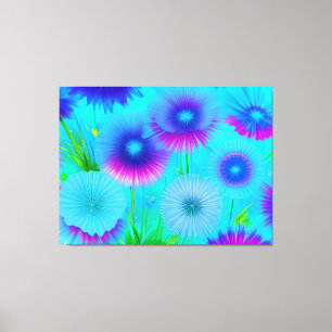 Neon Bloemen Blauw Paars Bloemen Verpakt Canvas Afdruk