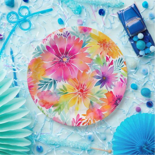 Neon Bloemen Waterverf Party Papieren Bordje (Feest)