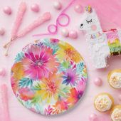 Neon Bloemen Waterverf Party Papieren Bordje (Feest)