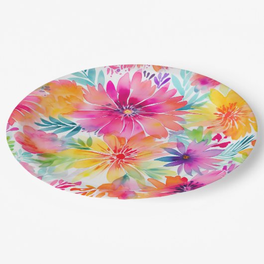 Neon Bloemen Waterverf Party Papieren Bordje (Gekanteld)