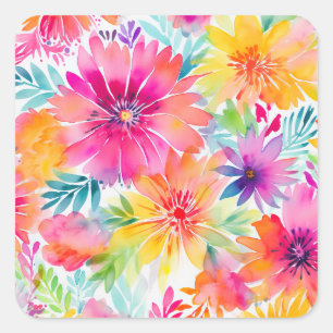 Neon Bloemen Waterverf Party Vierkante Sticker