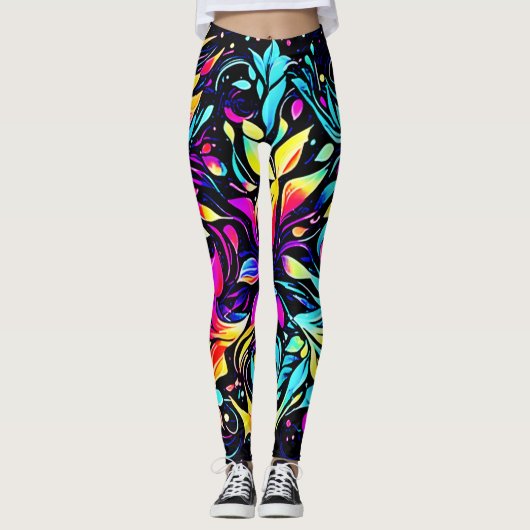 Neon Bloemexplosie Kunst Leggings (Voorkant)