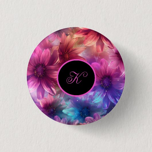 Neon bloemmotief met monogram ronde button 3,2 cm (Voorkant)