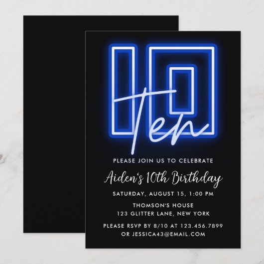Neon Blue 10th Birthday Invitation Kaart (Voorkant / Achterkant)