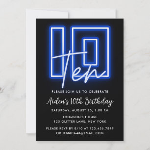 Neon Blue 10th Birthday Invitation Kaart