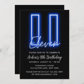 Neon Blue 11th Birthday Invitation Kaart (Voorkant / Achterkant)