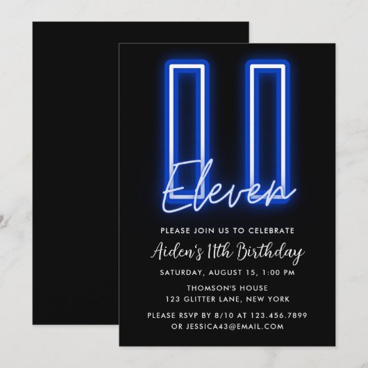 Neon Blue 11th Birthday Invitation Kaart (Voorkant / Achterkant)