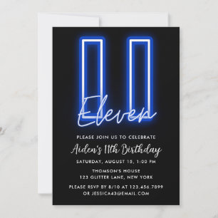 Neon Blue 11th Birthday Invitation Kaart