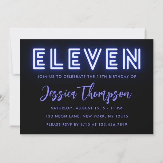 Neon Blue 11th Birthday Invitation Kaart (Voorkant)