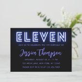 Neon Blue 11th Birthday Invitation Kaart (Staand voorkant)