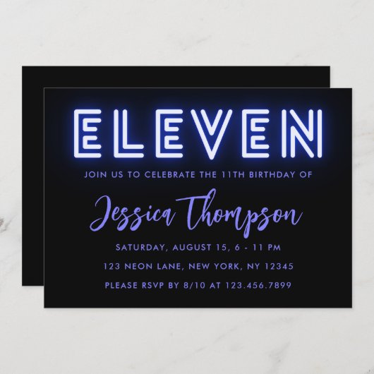 Neon Blue 11th Birthday Invitation Kaart (Voorkant / Achterkant)