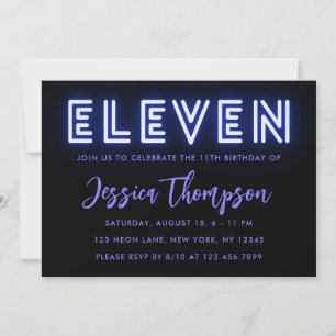 Neon Blue 11th Birthday Invitation Kaart