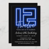 Neon Blue 12th Birthday Invitation Kaart (Voorkant / Achterkant)