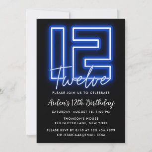 Neon Blue 12th Birthday Invitation Kaart