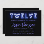 Neon Blue 12th Birthday Invitation Kaart (Voorkant / Achterkant)