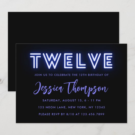 Neon Blue 12th Birthday Invitation Kaart (Voorkant / Achterkant)