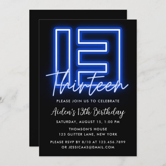 Neon Blue 13th Birthday Invitation Kaart (Voorkant / Achterkant)